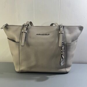 Michael Kors Jet Set Travel Tote Saffiano Leather Light Gray Silver Hardware